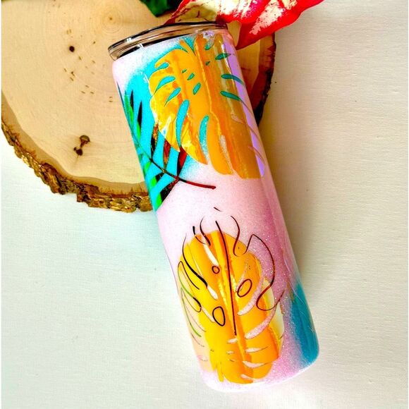NWOT Palm Fronds Stainless Steel Tumbler Sz 20 oz Pink/Blue and iridescent - Picture 1 of 3